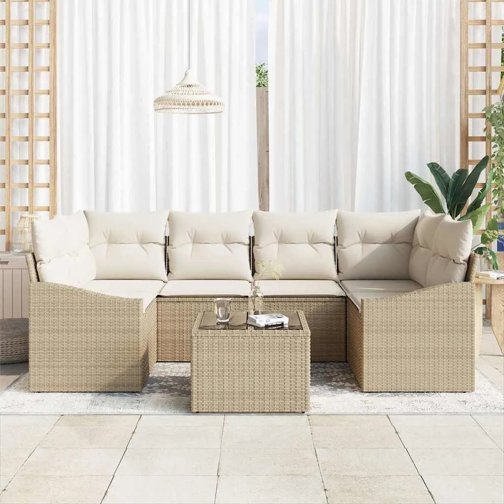 Conjunto de Jantar de Jardim de 7 Peças com Almofadas Bege em Rattan S