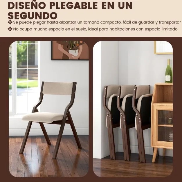 Conjunto de 2 cadeiras dobráveis (MESA NÃO INCLUIDA) de madeira com assento acolchoado em tecido de linho, sem braços, para convidados, 48 x 60 x 78 c
