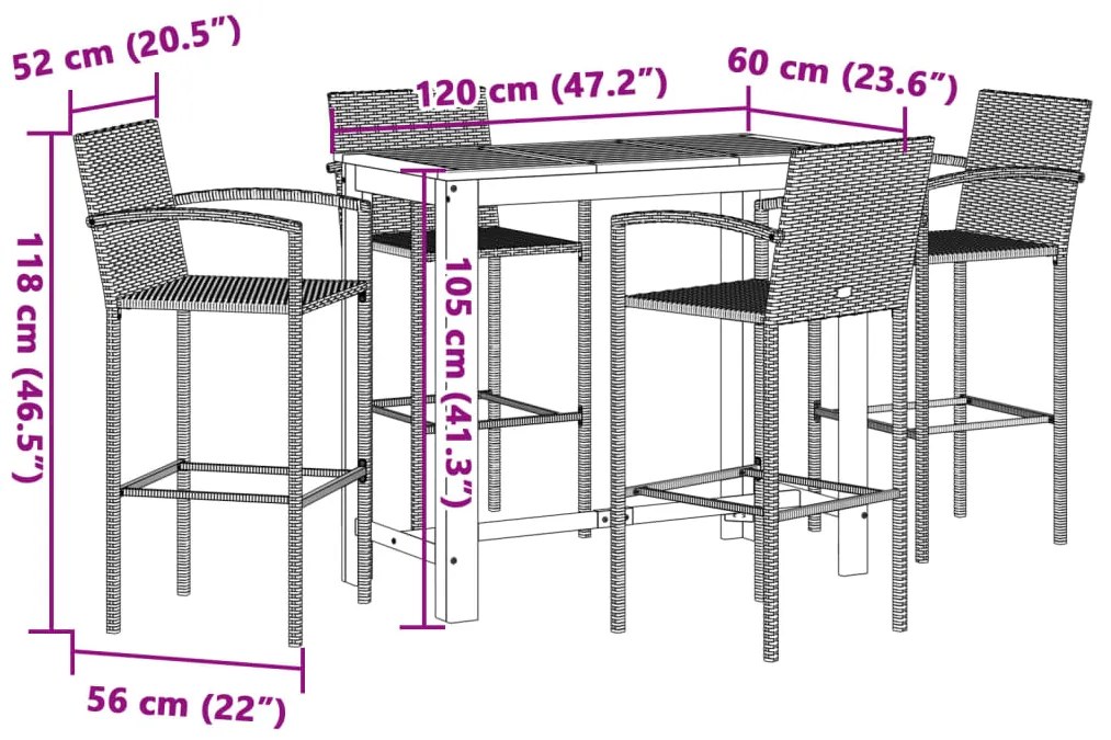 5 pcs conjunto de bar p/ jardim acácia maciça/vime PE cinzento