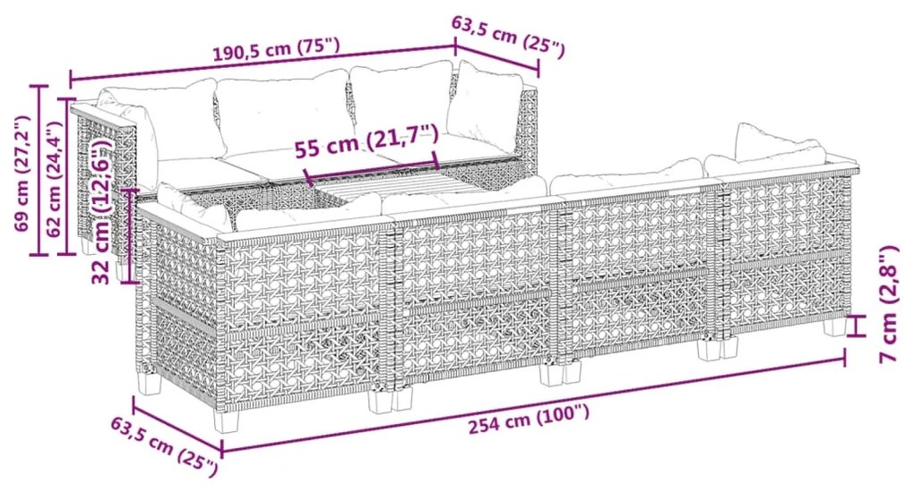 8 pcs conjunto sofás de jardim c/ almofadões vime PE cinzento