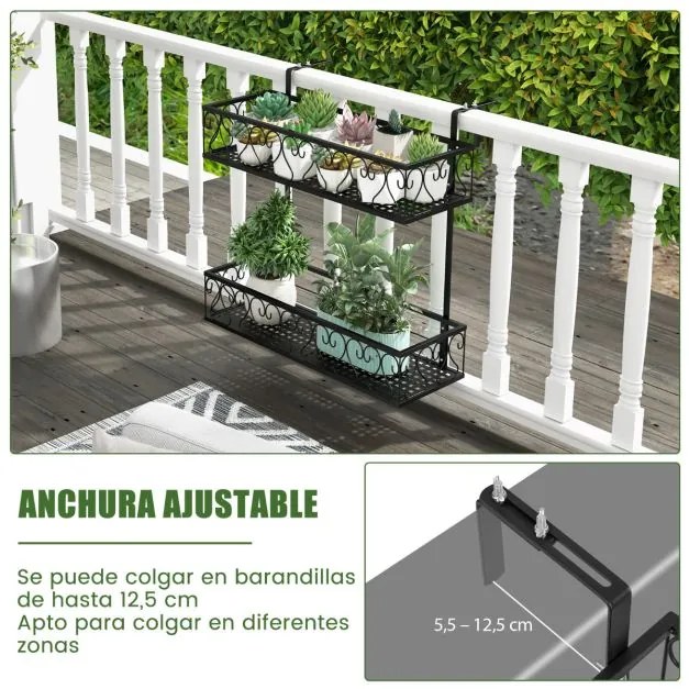 Suporte varandas metálica para plantas de 2 níveis com ganchos ajustáveis 5,5-12,5cm Carga 30kg 60 x 33 x 59 cm Preto