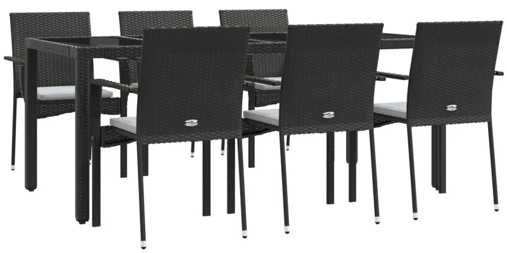 7 pcs conjunto de jantar p/ jardim c/ almofadões vime PE preto
