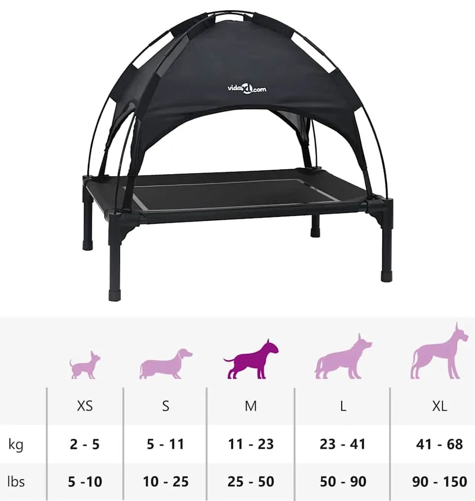Cama Elevada para Cães com Telhado Removível Preto M Metal