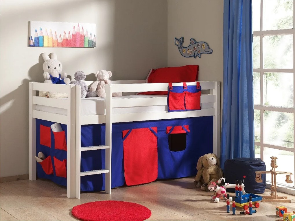 Conjunto Cama alta de Criança PINO 90 x 200 cm + estrado + escada + cortina Domino Branca