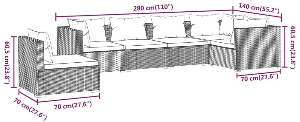 6 pcs conjunto lounge jardim c/ almofadões vime PE castanho