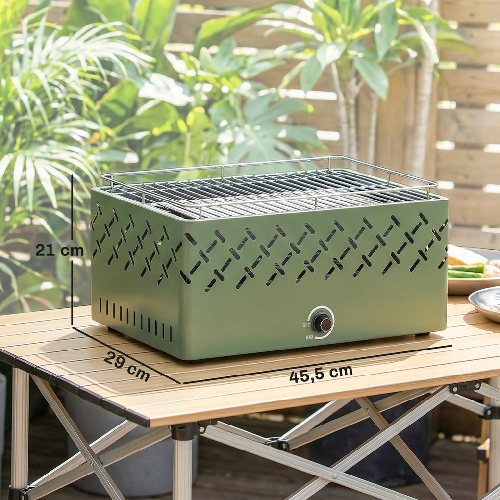 Grelhador a Carvão 45,5x29x21 cm com Ventilador Integrado, Temperatura Ajustável e Bandeja de Carvão, Verde-Claro