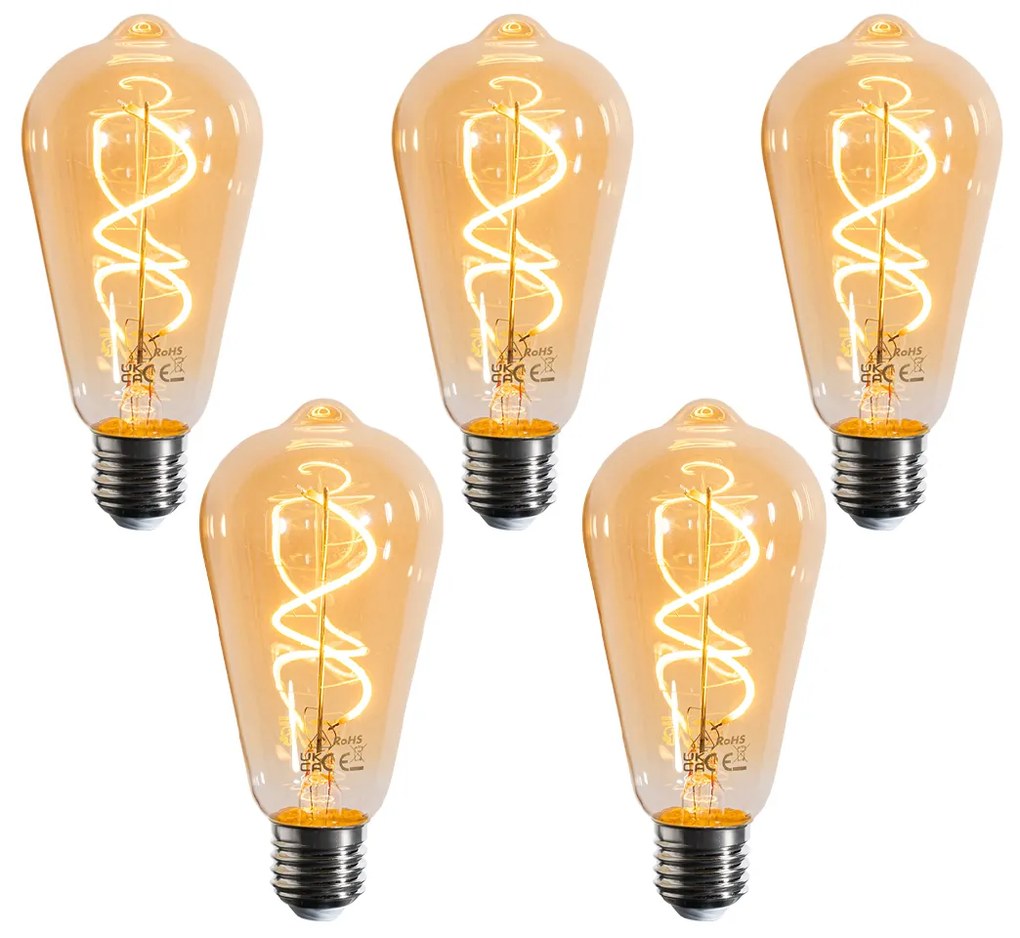 Conjunto de 5 Lâmpadas LED E27 Dimerizáveis Filamento Espiral ST64 Douradas 4W 270LM 2100K