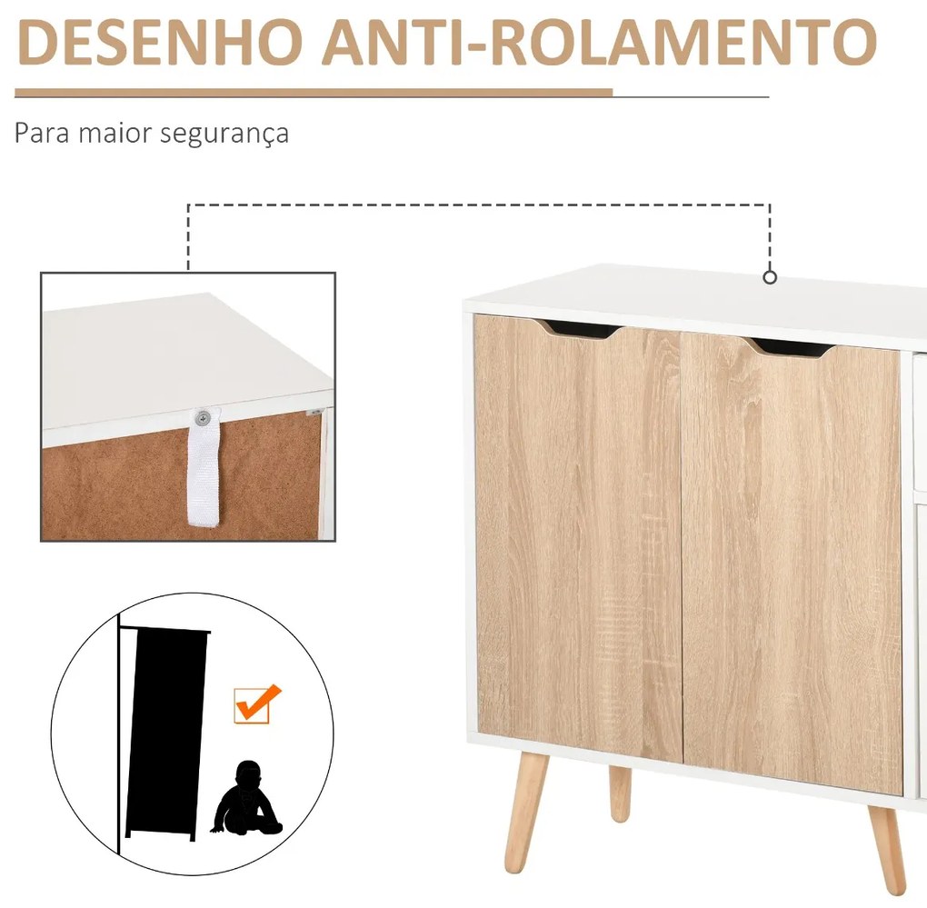 Aparador Móvel Auxiliar de Armazenamento com 2 Armários de Porta Gaveta Pés de Madeira para Sala de Estar Cozinha Dormitório 90x30x72cm Natural e Bran