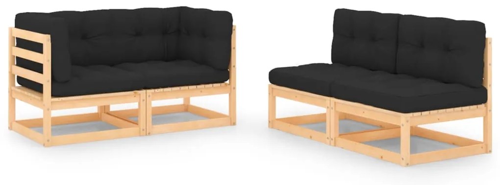 4 pcs conjunto lounge de jardim c/ almofadões pinho maciço