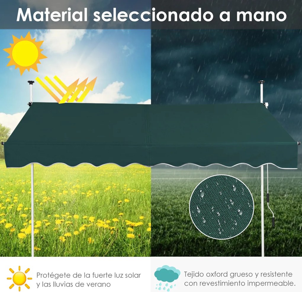 Toldo Exterior Terraço varanda 200 x 125 cm  Altura Ajustável 2-3 m com Manivela e Resistente às Intempéries Verde