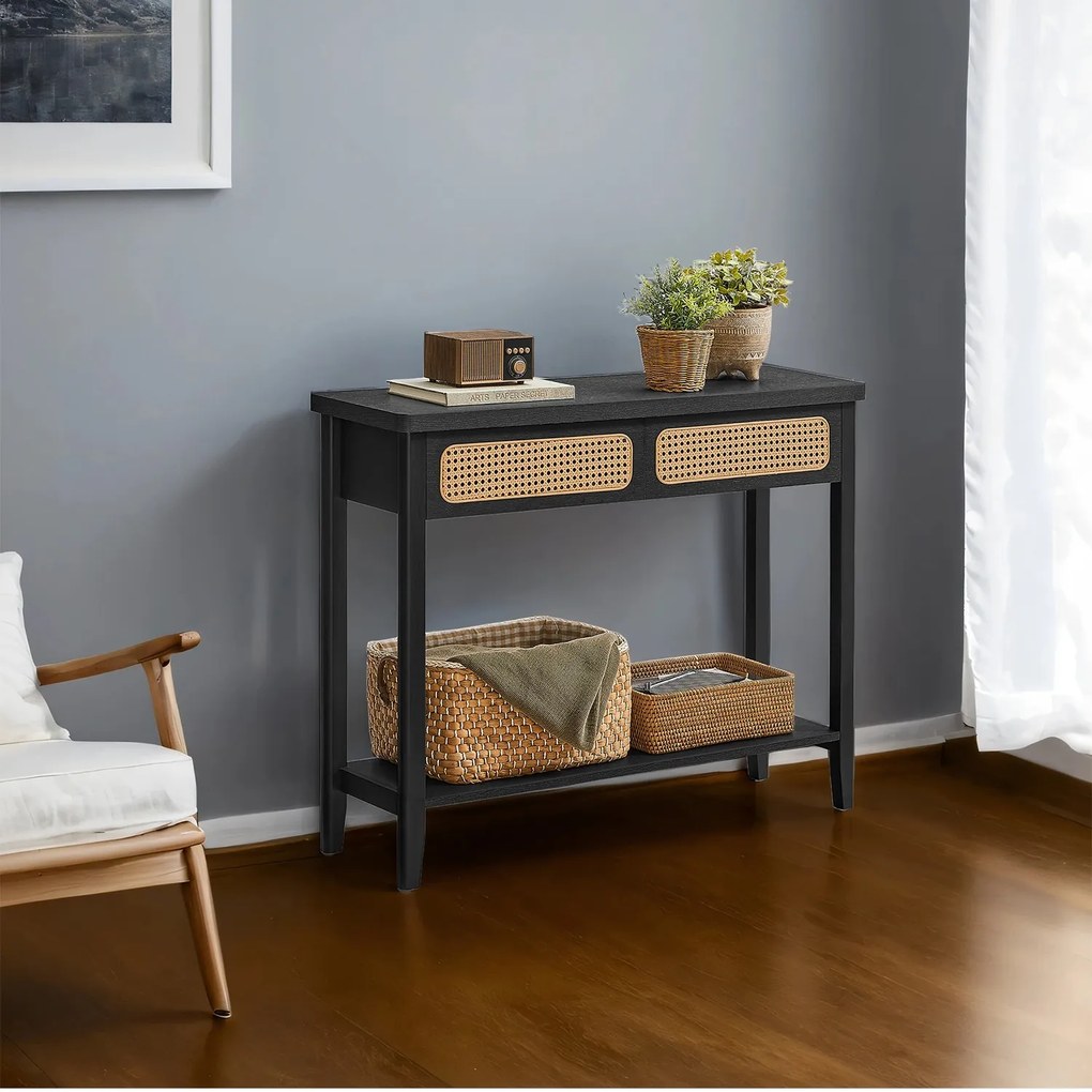 Mesa consola com prateleira aberta estilo boho 30 x 100 x 80 cm Preto cinza