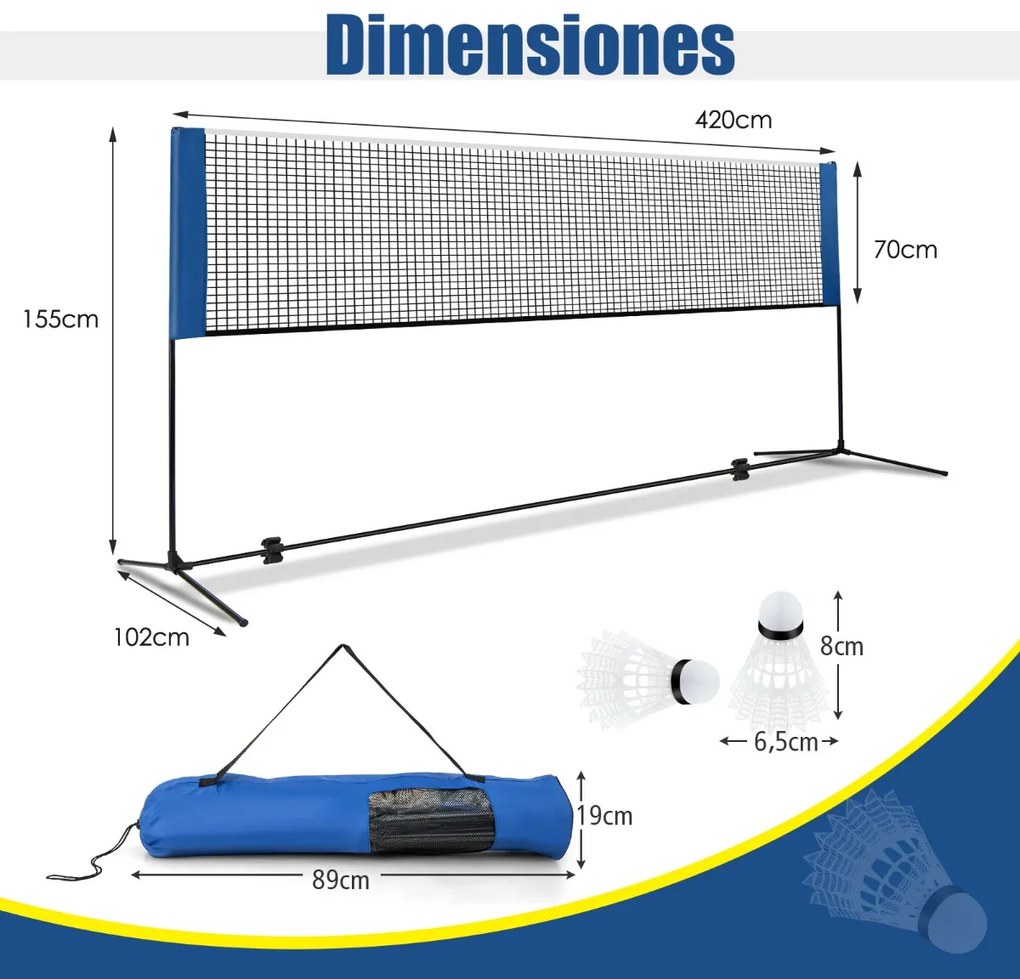 Conjunto de Raquetes de Badminton Dobráveis de 420 cm com Altura Ajustável de 89-155 cm com 2 lançadeiras e Bolsa de Transporte para Badminton Voleibo