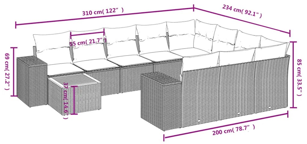 11 pcs conjunto sofás de jardim c/ almofadões vime PE cinzento