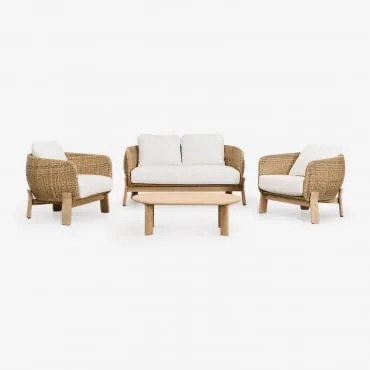 Conjunto De Jardim Leilan Com Sofá De 2 Lugares, 2 Poltronas E Mesa De Centro Em Madeira De Acácia E Rattan Marrom Acácia Claro - Sklum