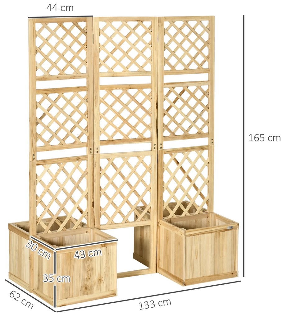 Outsunny Biombo Exterior com 3 Painéis de Madeira e 4 Floreiras Ecrã de Privacidade de Jardim com Floreira Orifícios de Drenagem Separador de Ambientes para Varanda Pátio 133x62x165cm Madeira