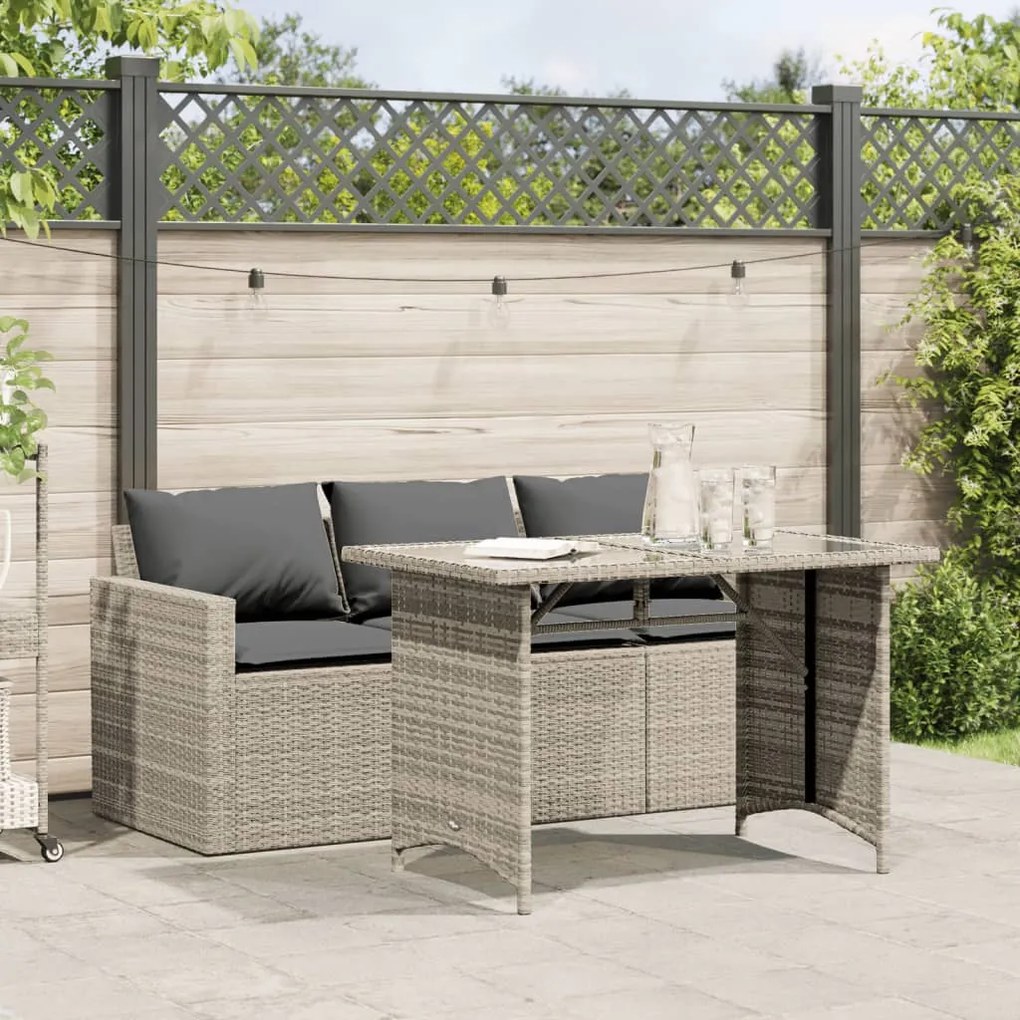 2 pcs conjunto jantar p/jardim c/almofadões vime PE cinza-claro