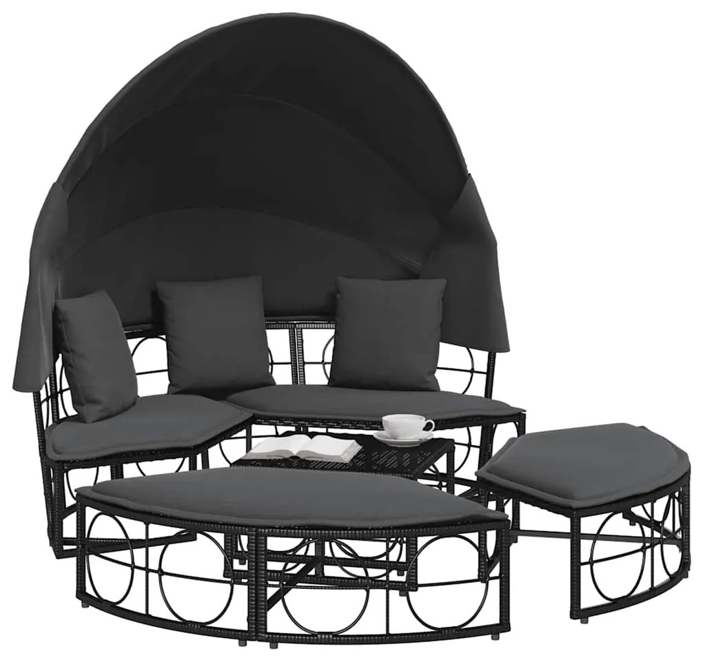 Cama lounge de exterior c/ toldo e almofadões vime PE preto