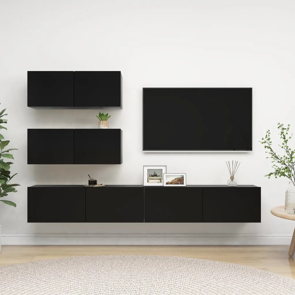 4 pcs conjunto de móveis de TV derivados de madeira preto