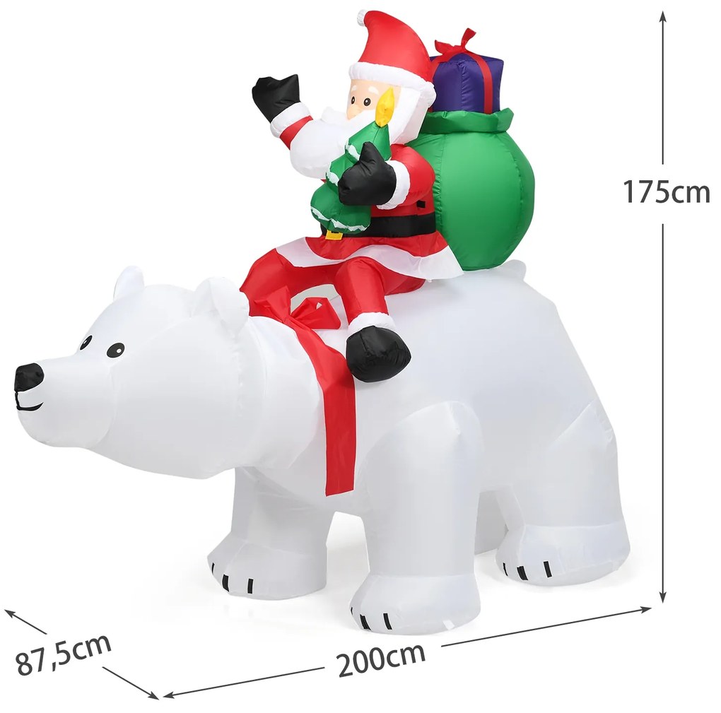 Pai Natal e Urso Polar com Cabeça Insuflável Rotativa Decoração Insuflável com Poliéster impermeável e Luzes LED