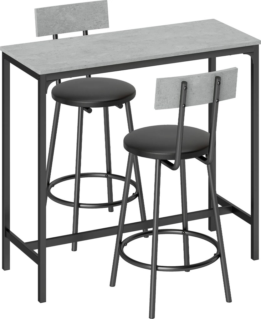 HOMCOM Conjunto de mesa alta com 2 bancos de bar estofados com apoio para pés para sala de jantar, espaço pequeno, Cinza | Aosom Portugal