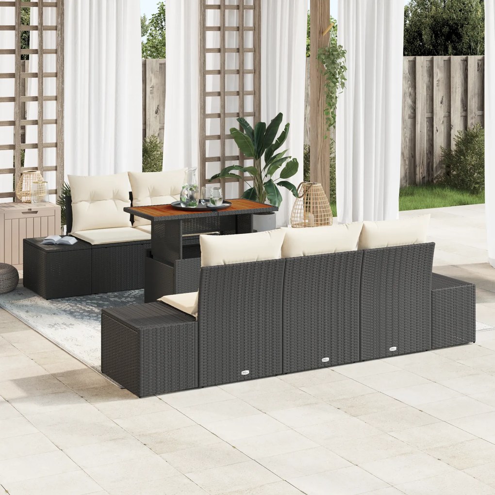 Conjunto de Sofá de Jardim 6 Peças com Almofadas Rattan Preto