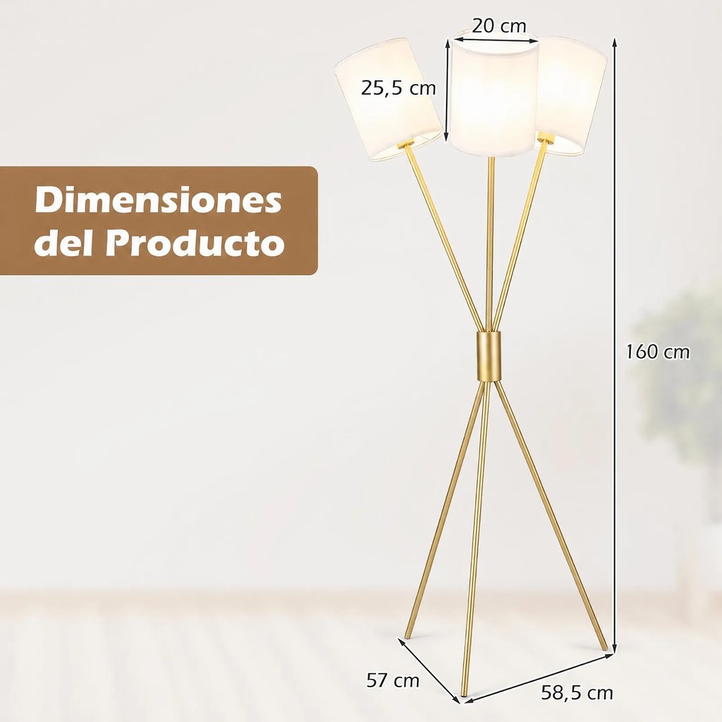 Candeeiro de Pé com Tripé, 58,5 x 57 x 160 cm, 3 Abajures de Tecido, Dourado