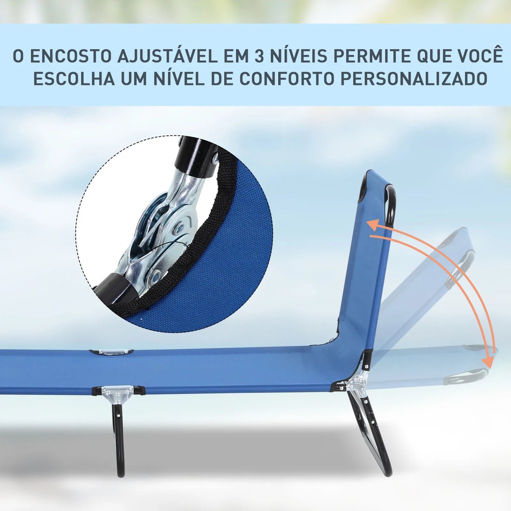 Espreguiçadeira dobrável reclinável com ângulo ajustável de 3 posições para exterior carga 120 kg 190x56x28 cm Azul