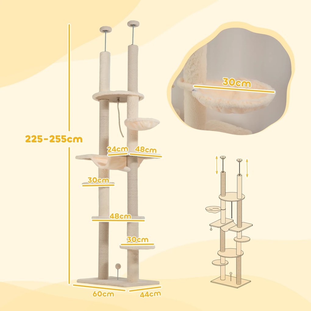 Arranhador para Gatos do Chão ao Teto 225-255 cm com 7 Níveis Rede Plataformas Postes de Arranhar  Bege e Cinza