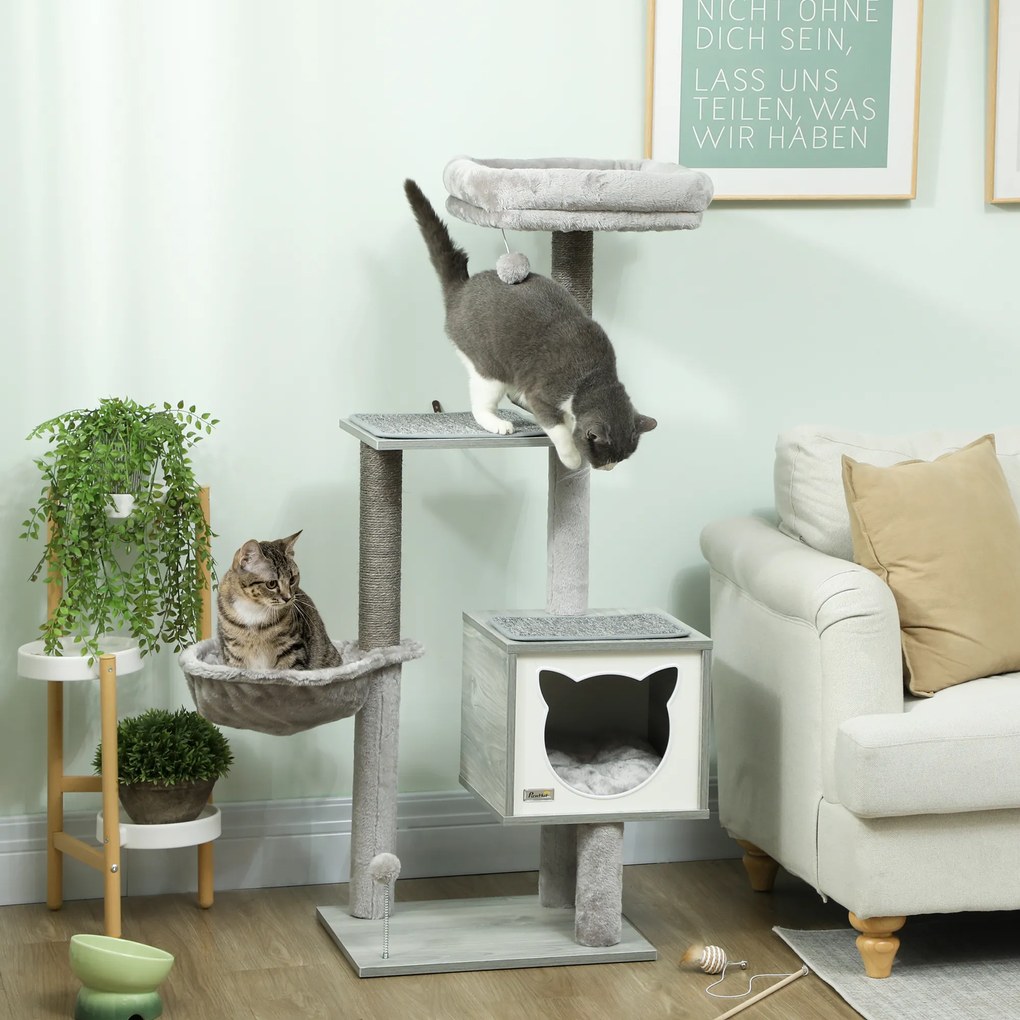 Arranhador para gatos com arranhadores, vários acessórios, casinha, rede, peluche, sisal natural curto, 48x40x126 cm, cinzento