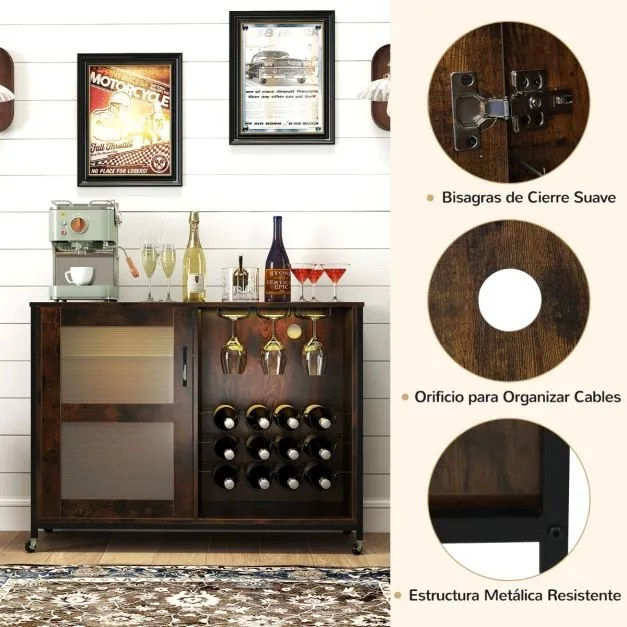 Garrafeira para Vinhos 108 x 40 x 81 cm com Luz LED de Cozinha com Prateleiras Ajustáveis Suportes para Copos e Garrafas Móvel Castanho