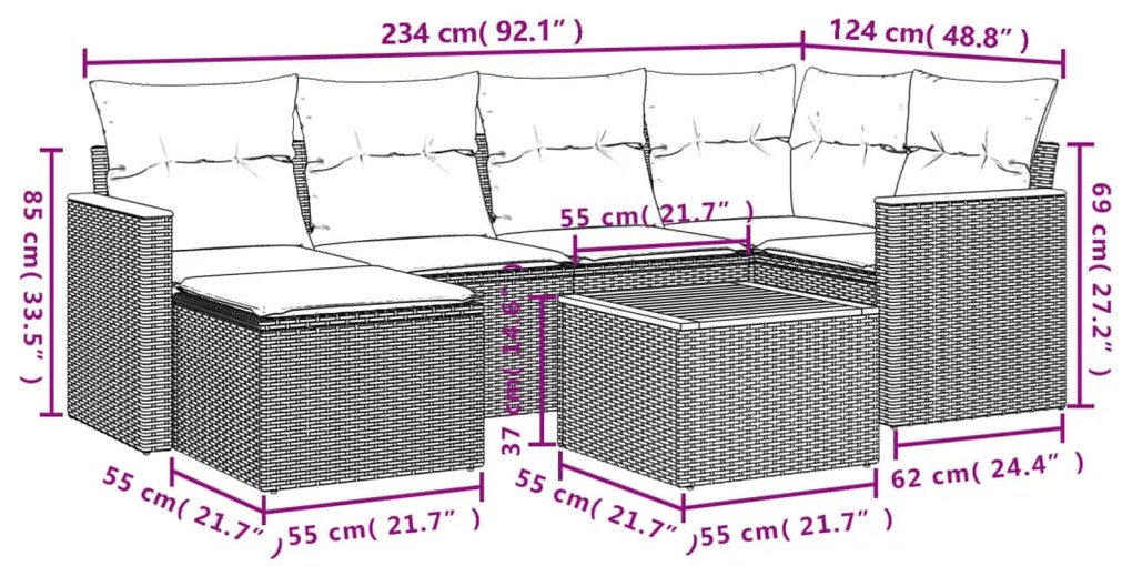 7 pcs conjunto de sofás p/ jardim com almofadões vime PE bege