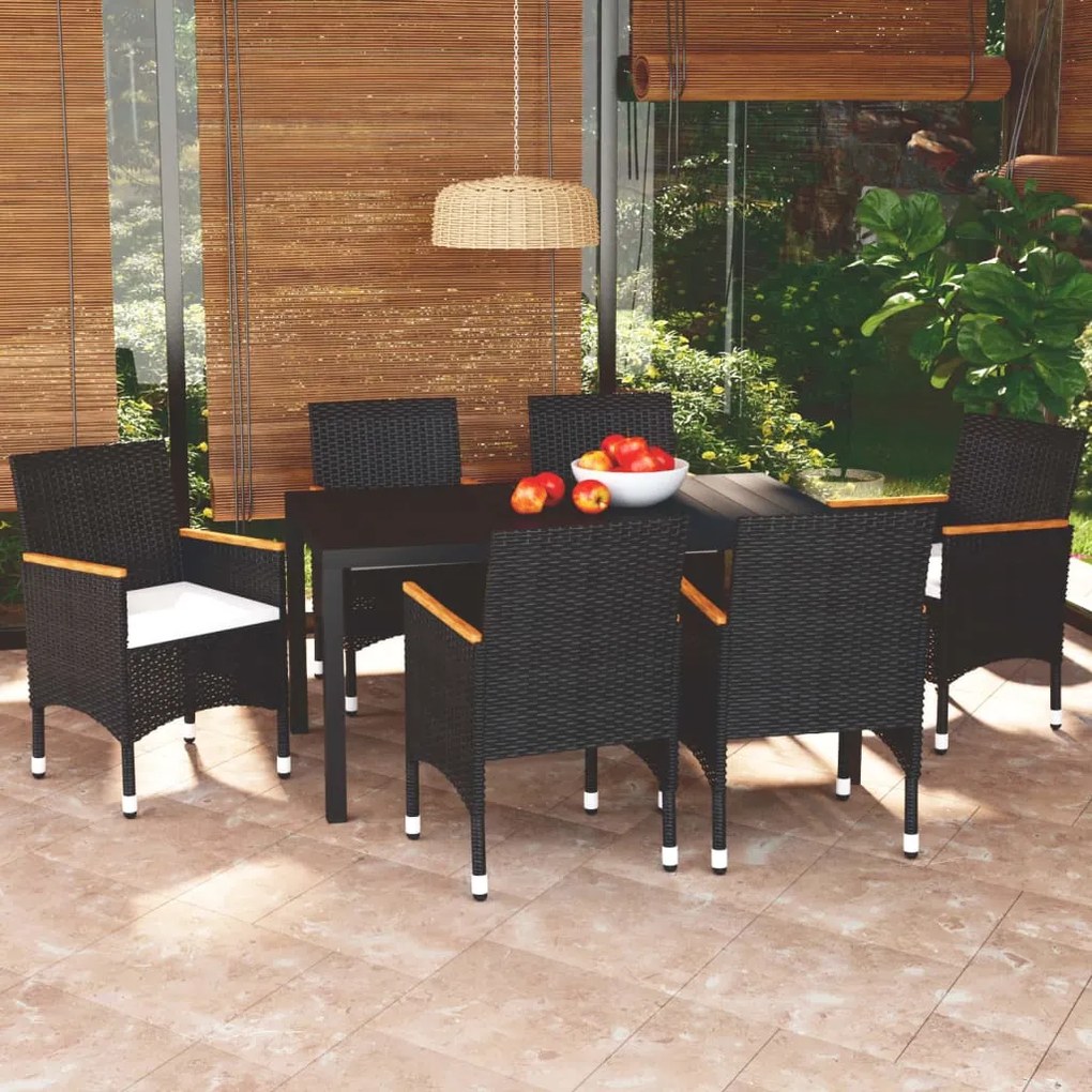 vidaXL 7 pcs conjunto de jantar p/ jardim c/ almofadões vime PE preto