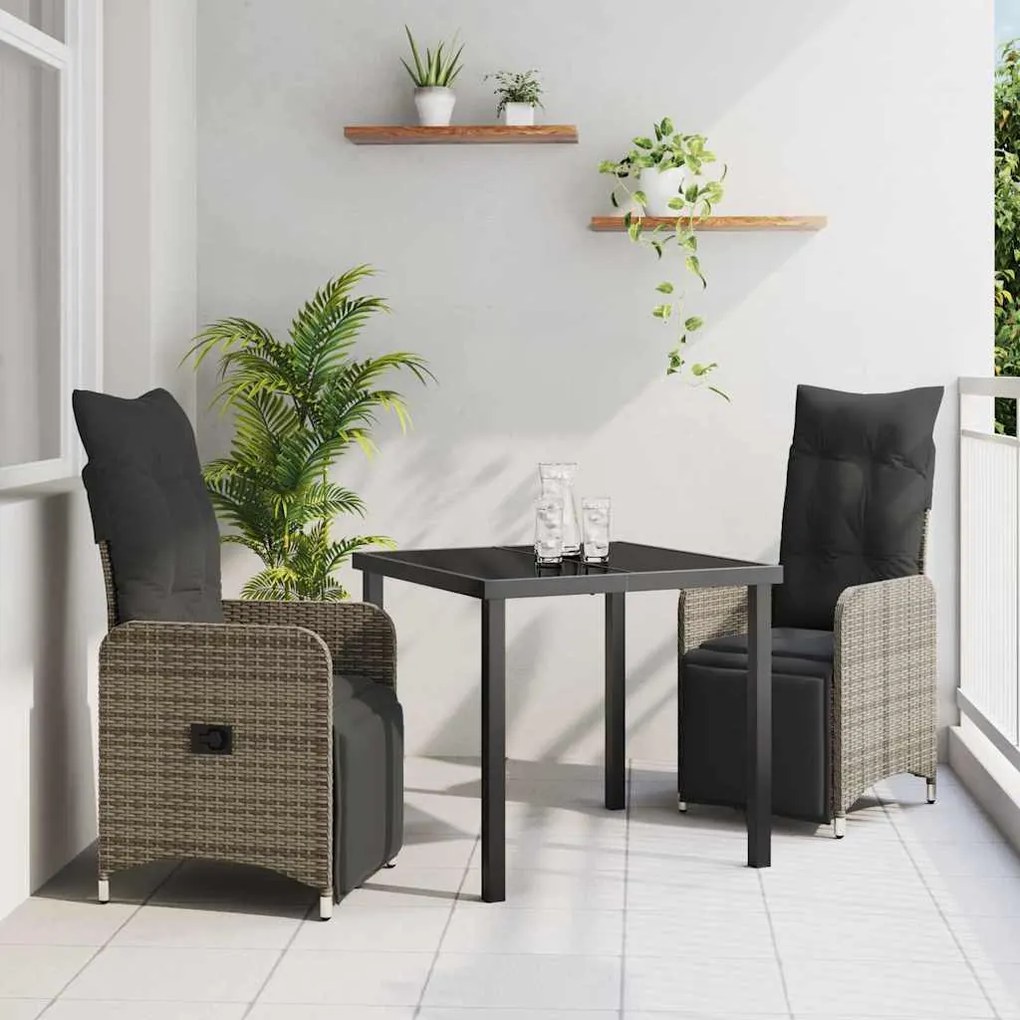 vidaXL Conjunto de Mesa e Cadeiras de Jardim 3 Peças com Almofadas de Rattan Cinza