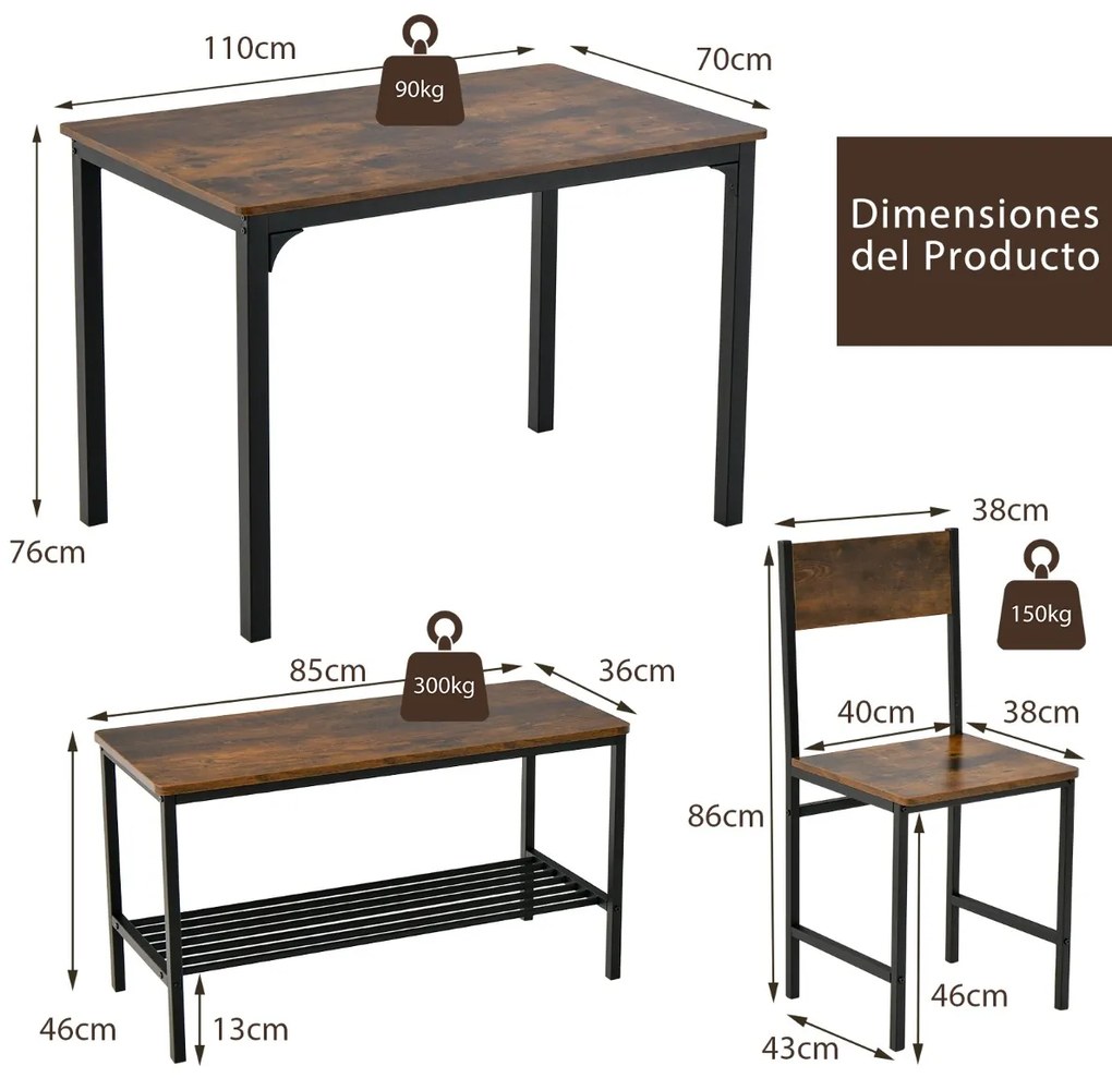 Conjunto de mesa de industrial com 2 cadeiras e 1 banco, estrutura metálica e prateleira Castanho