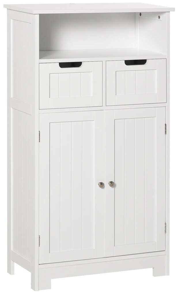 kleankin Armário de Casa de Banho com 2 Portas Prateleira Ajustável 2 Gavetas e Compartimento Aberto 60x30x108,8cm Branco | Aosom Portugal