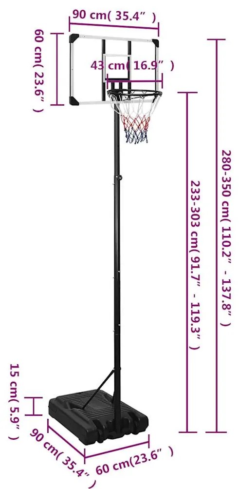 Tabela de basquetebol 280-350 cm policarbonato transparente