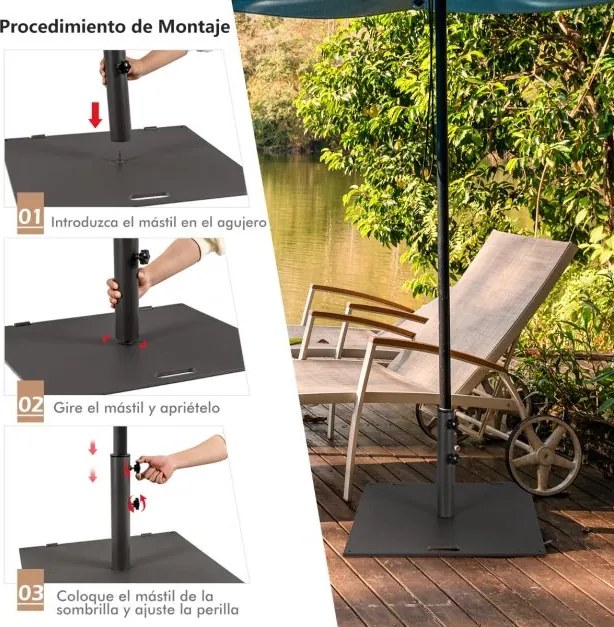 Base para guarda-sol de jardim, 22,5 kg, quadrada, 60 cm, com adaptadores de 4 cm e 5 cm, 2 puxadores, 2 rodas, alça resistente às intempéries, preta