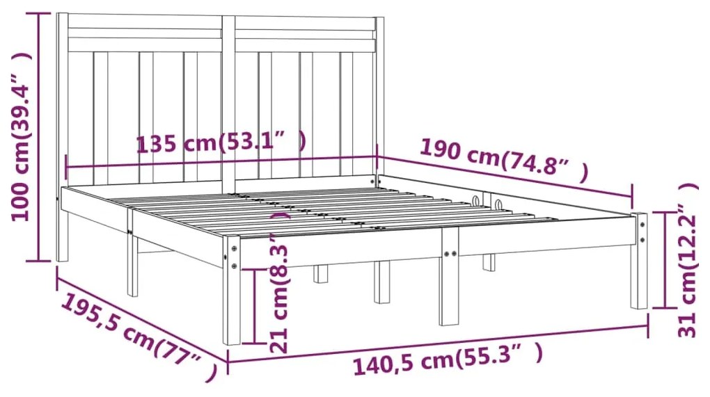 Estrutura de cama dupla 135x190 cm madeira maciça cinzento