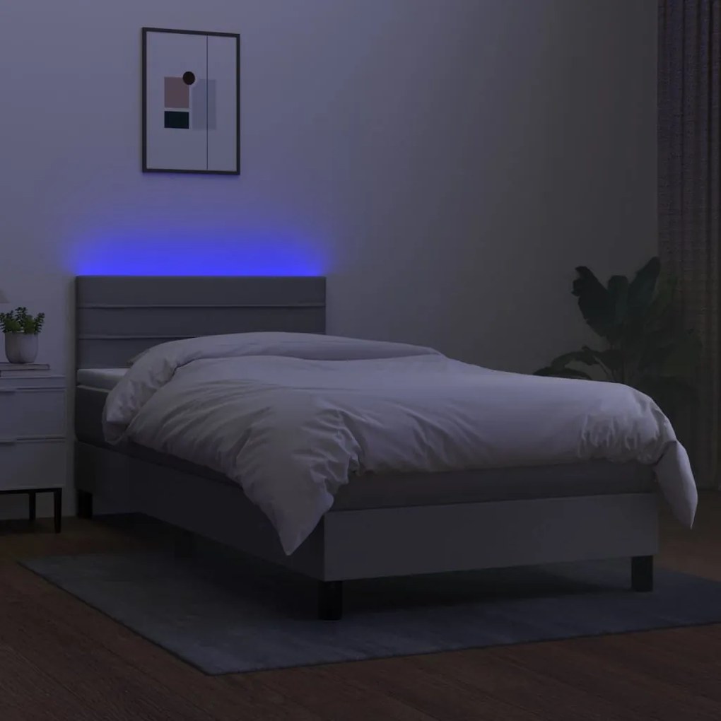 Cama box spring c/ colchão e LED 100x200 cm tecido cinza-claro