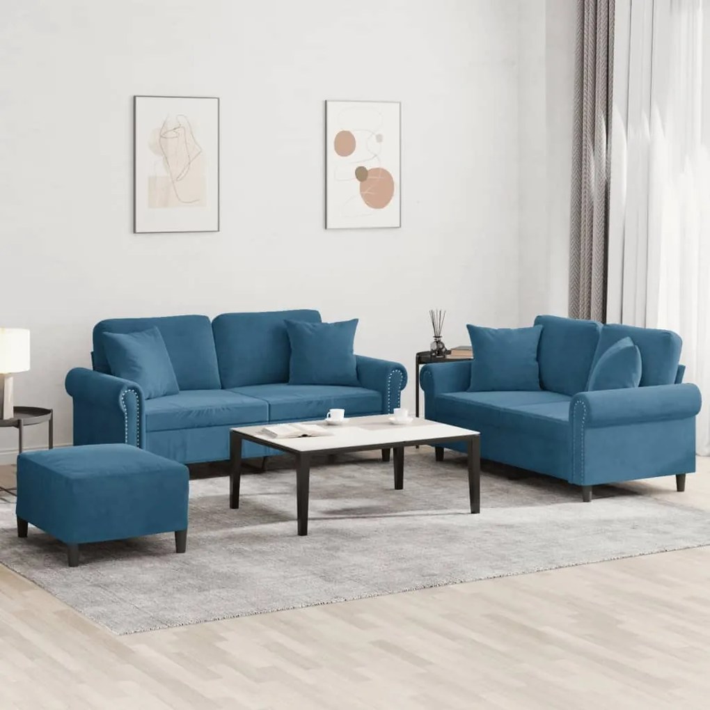 vidaXL 3 pcs conjunto de sofás com almofadas veludo azul
