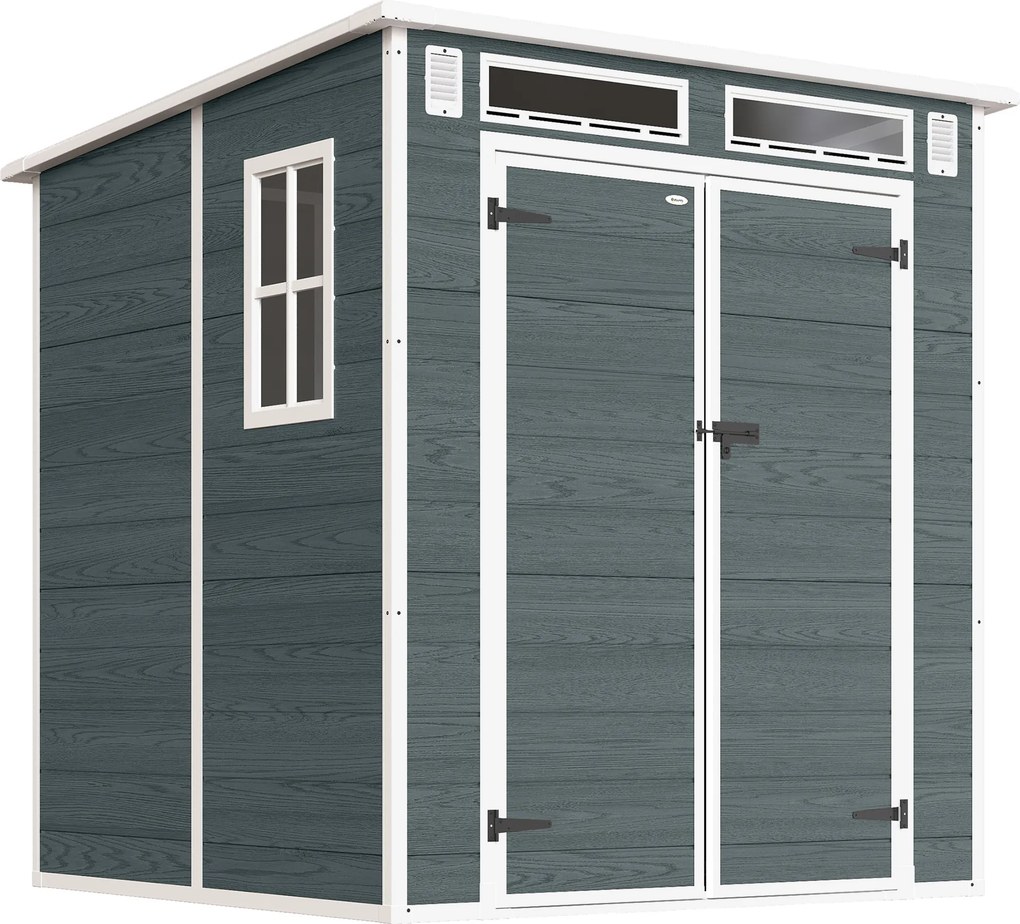 Outsunny Abrigo para ferramentas 2,89 m², Abrigo com aparência de madeira 3 janelas porta dupla ventilação piso fecho, 182 x 182 x 196 cm | Aosom Portugal