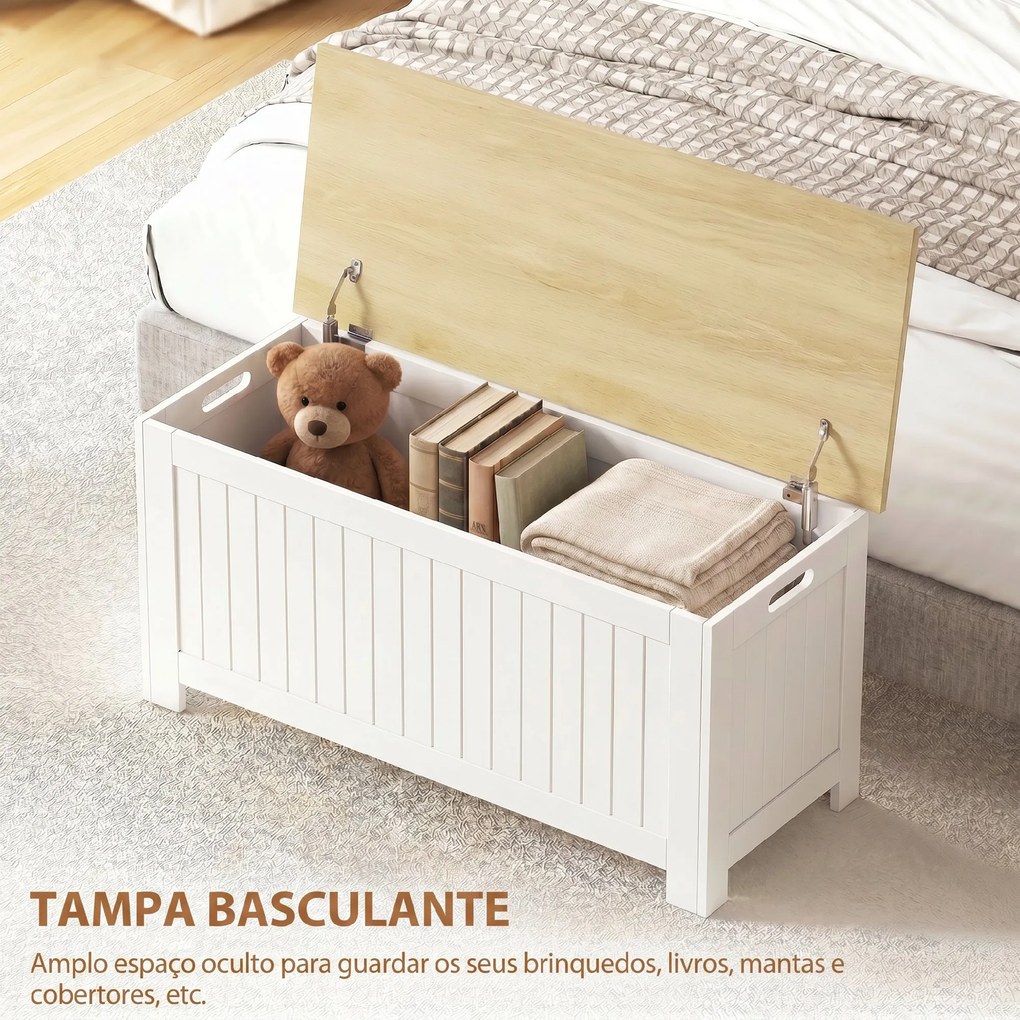 Baú de Arrumação 90 L com Tampa Versátil com Dobradiça de Segurança 80,5x40x46,4 cm Madeira e Branco