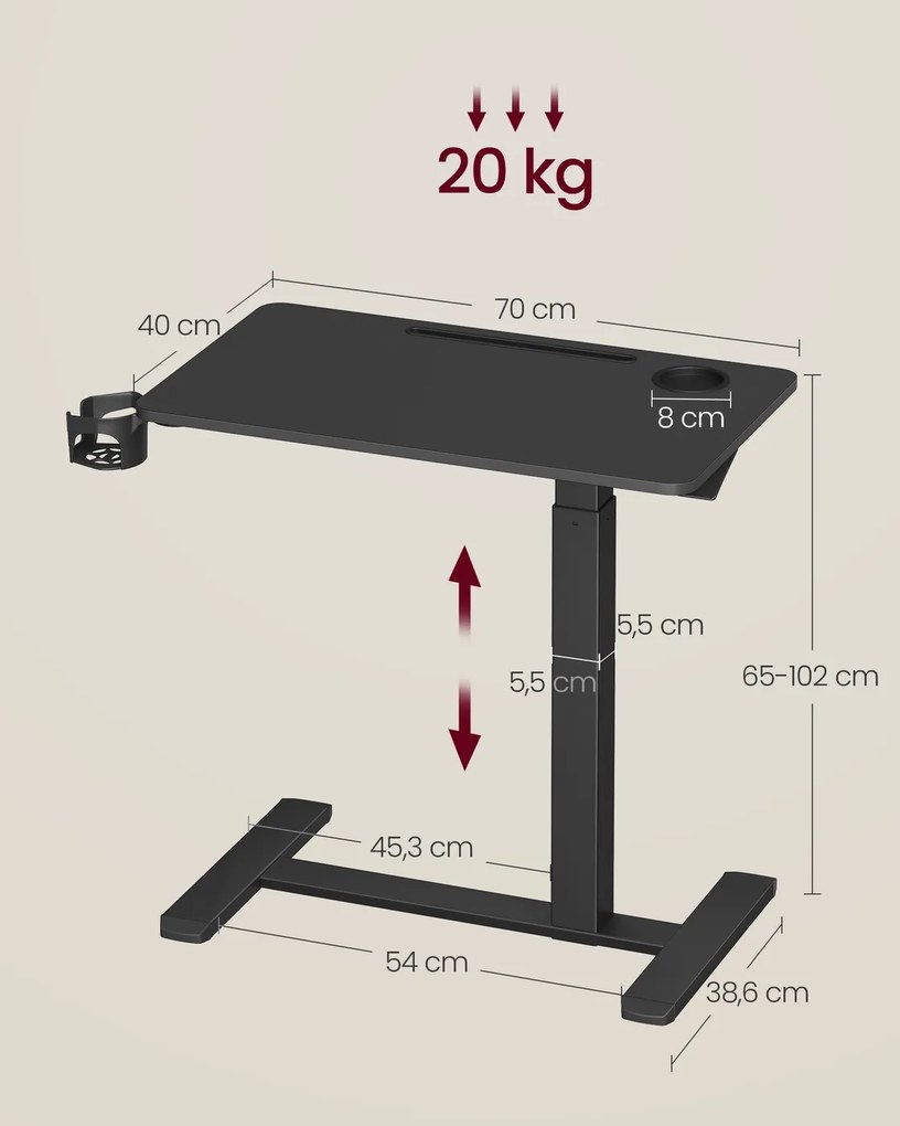 Mesa de secretaria auxiliar móvel com rodas e suportes para copos 70 x 40 x (65-102) cm Altura ajustável, em Preto
