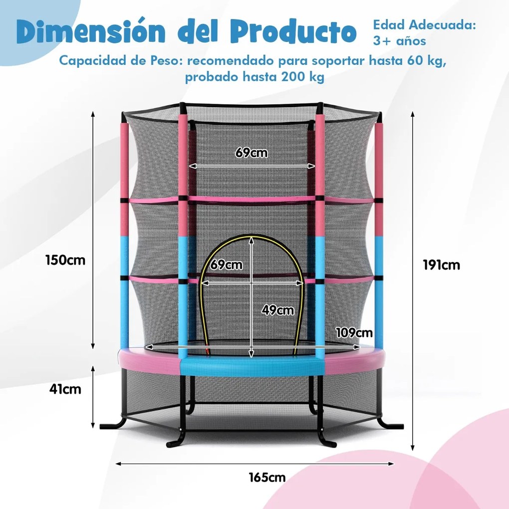 Trampolim para crianças 191 cm com rede de segurança e almofada para molas recreativas Estrutura em aço multicolorida