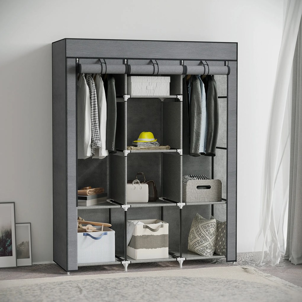 Guarda Roupa de Tecido Dobrável com 8 Prateleiras de Armazenamento e 2 Barras de Pendurar 125x43x162,5 cm Cinzento