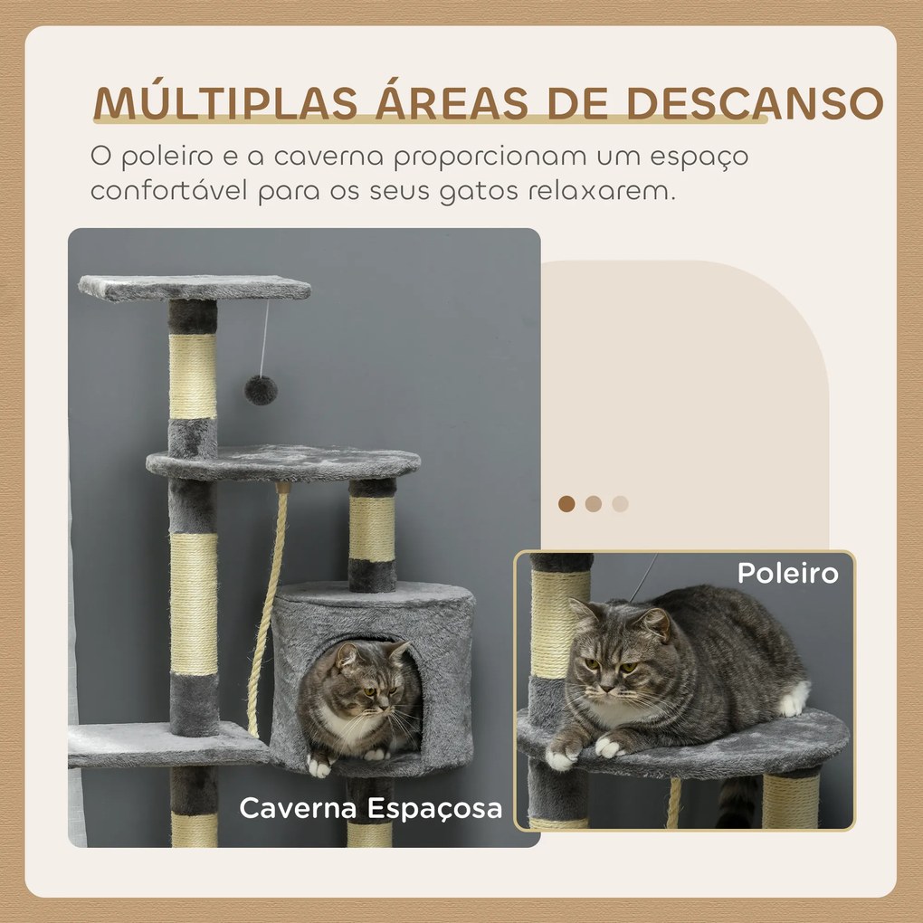 Arranhador para Gatos com 4 Níveis com Poste para Afiar as Garras Caverna Plataformas e Brinquedos 40x40x116 cm Cinzento Escuro