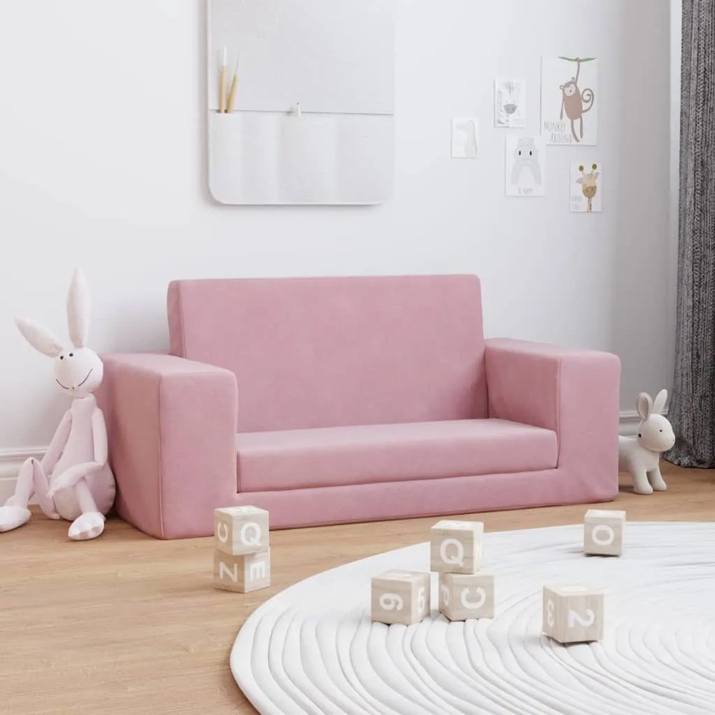 Sofá-cama infantil de 2 lugares pelúcia macia rosa