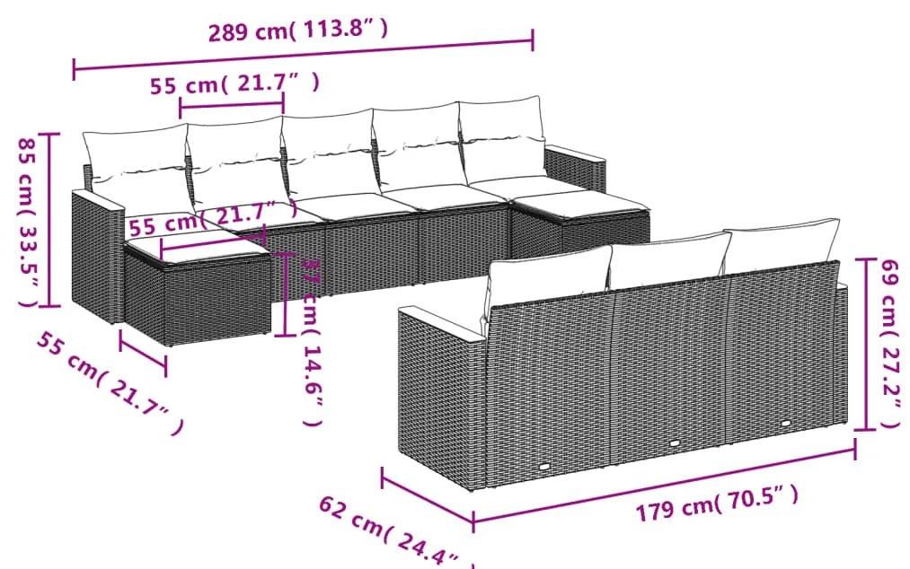 10 pcs conjunto de sofás p/ jardim com almofadões vime PE bege