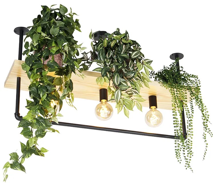 Luminária de teto industrial preta com madeira 3 luzes - Shelf Industrial