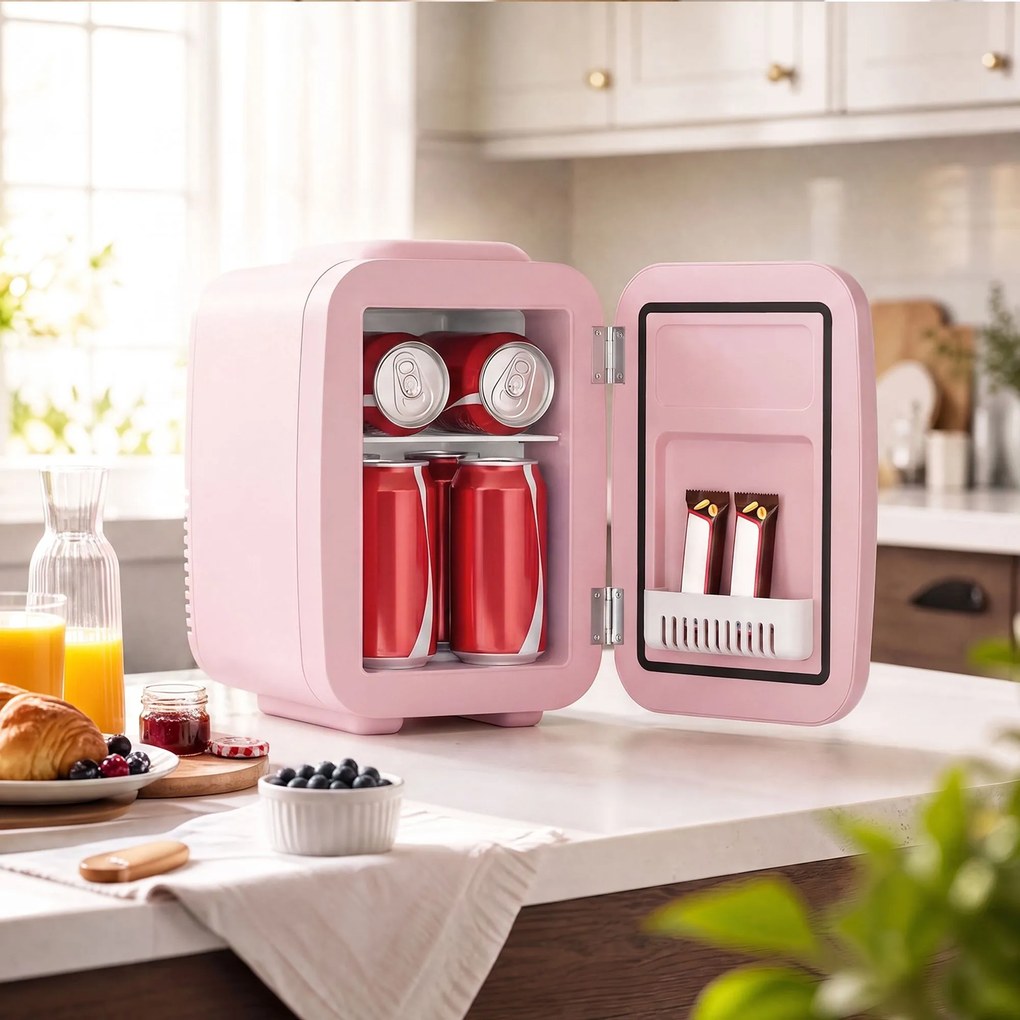 Mini-frigorífico portátil com função de refrigeração e aquecimento, 12 V/230 V, 4 L, 28 x 20,5 x 29,5 cm, rosa